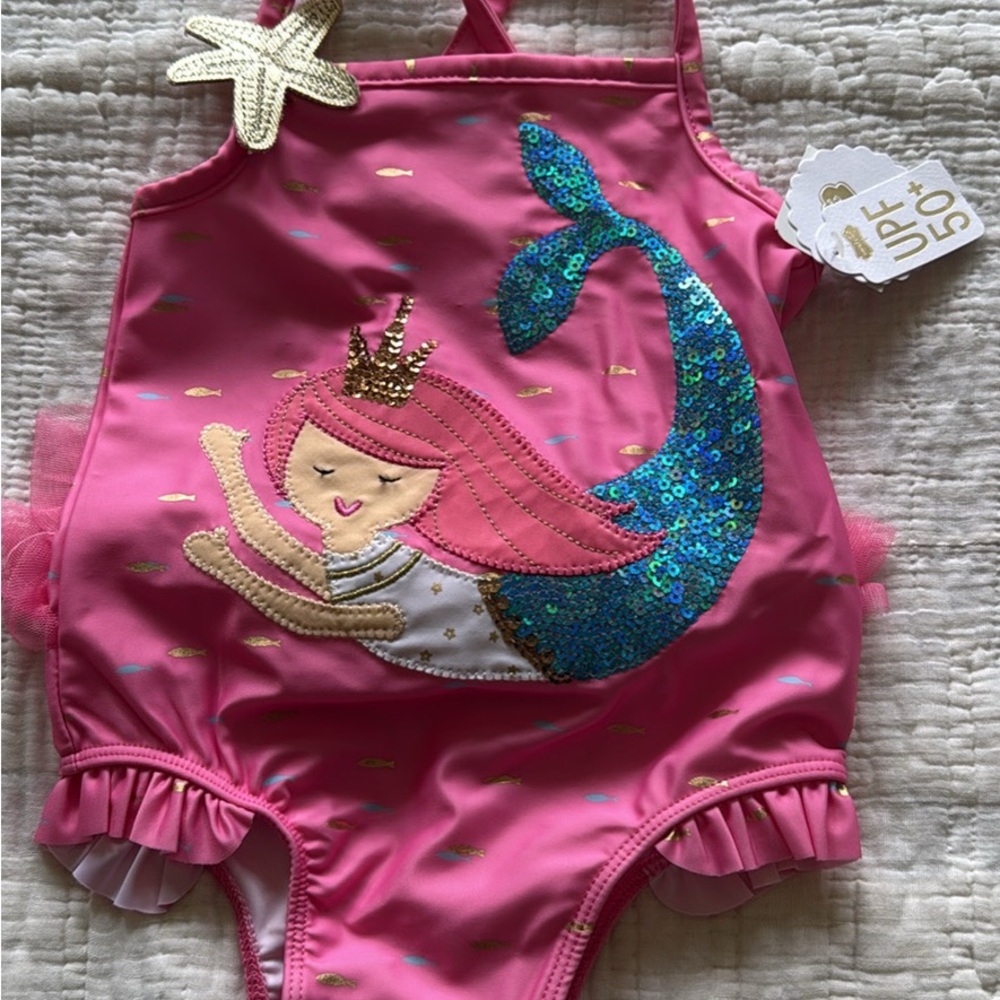 Mud Pie Pink Girls' Swimsuit with Turquoise Sequin Accent